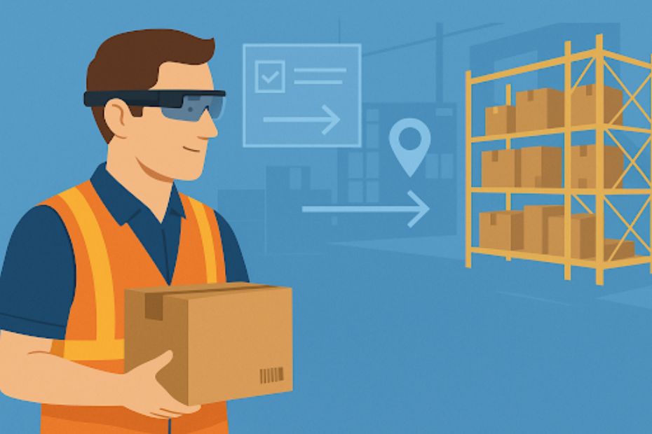 Warehouse employee using AR smart glasses to navigate order picking
