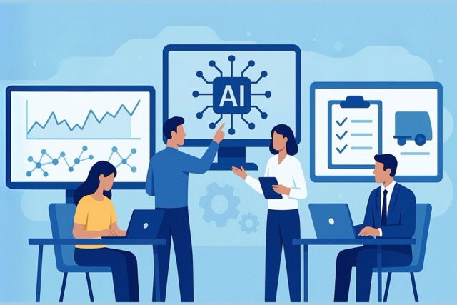 Supply chain professionals using AI tools for planning and optimization.