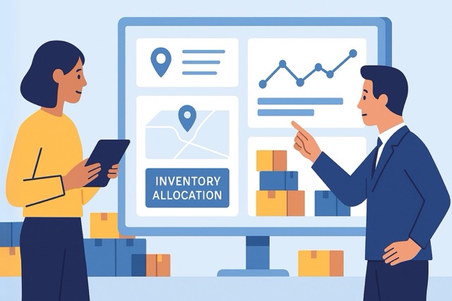 Warehouse professionals managing inventory on digital screens.